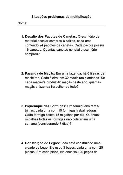 Situações Problemas De Multiplicação Para 5º Ano Do Ensino Fundamental