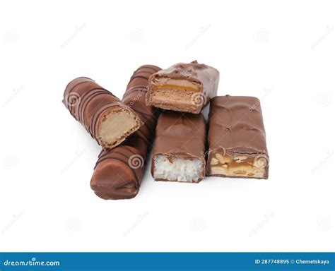 Pieces Of Different Tasty Chocolate Bars On White Background Stock