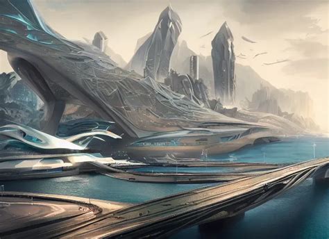 A Futuristic City Surrounded By Water And Mountains Stable Diffusion