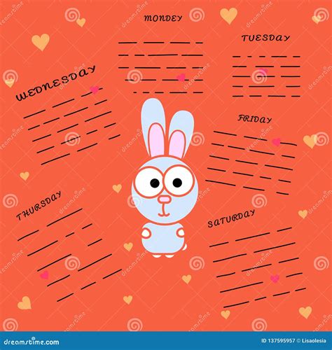 Rabbit With An Area For Recording On An Orange Background. Glider With Days Of The Week. Cartoon ...