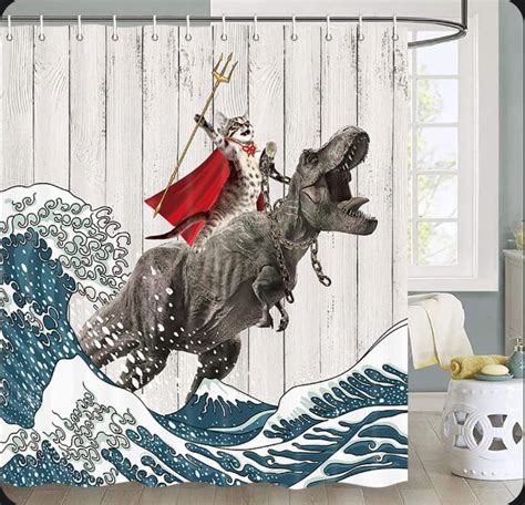 Funny Cat Shower Curtain Cool Cat Dinosaur Japanese Ocean Wave Shower