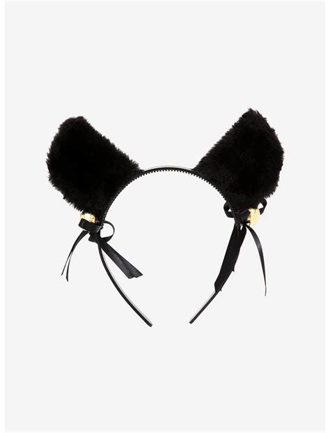 Black Ribbon Bell Fuzzy Cat Ear Headband Hot Topic