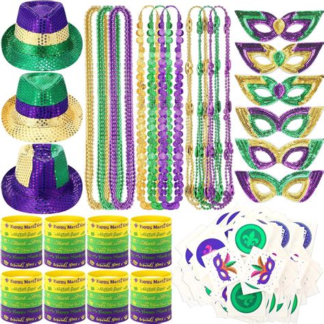 Poen 180 Pcs Mardi Gras Party Accessory Set With Beads Necklaces Sequin Hat