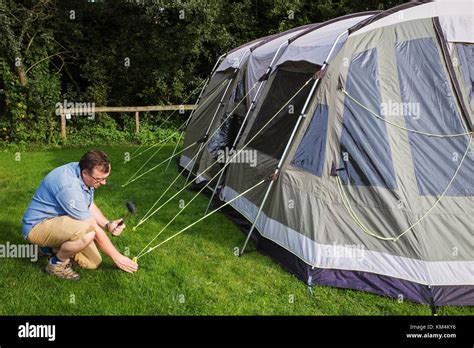 A Man Using A Mallet To Hammer In The Tent Pegs And Fix The Guy Ropes