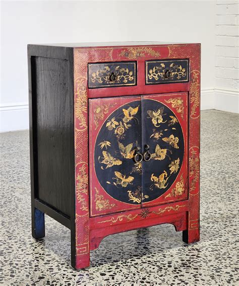 Lot Chinese Black And Red Two Drawer Two Door Cabinet Painted With