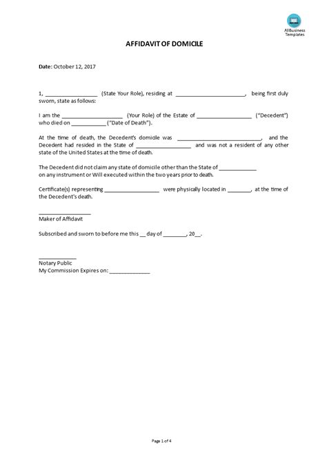 Affidavit Of Domicile Template Templates At