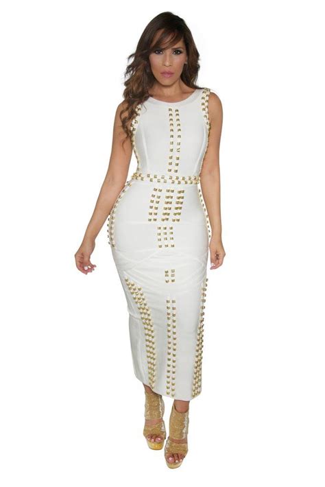 White Bandage Gold Accent Sleeveless Bodycon Maxi Dress Maxi Dresses