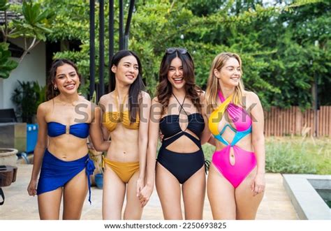 Group Diverse Women Friend Bikini Having Stock Photo