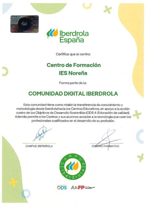 Certificado Comunidad Digital Iberdrola IES de Noreña