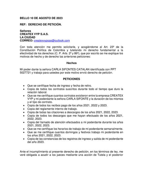 Derecho De Peticion Carla Bello De Agosto De Ref Derecho De