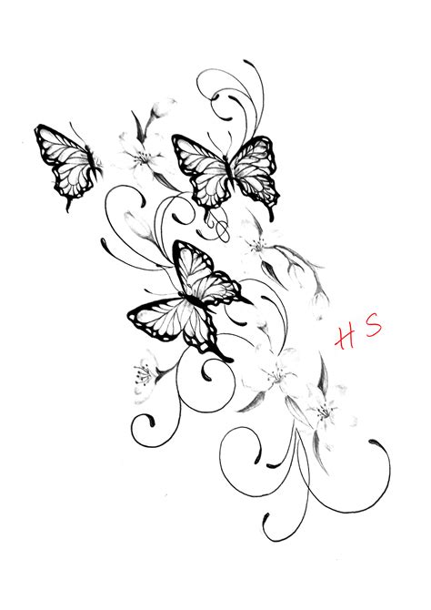 Three Butterflies Flying In The Air With Swirls And Flowers On It S Wings