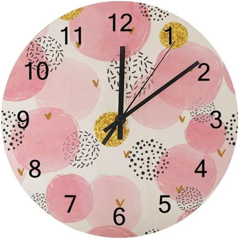 Skysonic Silent Wooden Round Wall Clock Pink And Golden Circles Non Ticking Battery Operated