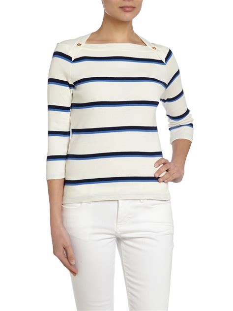 Lauren By Ralph Lauren 3 4 Sleeved Boat Neck Top With Stripe In White