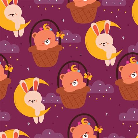 Premium Vector Seamless Pattern Cartoon Bunny On The Moon And Bear