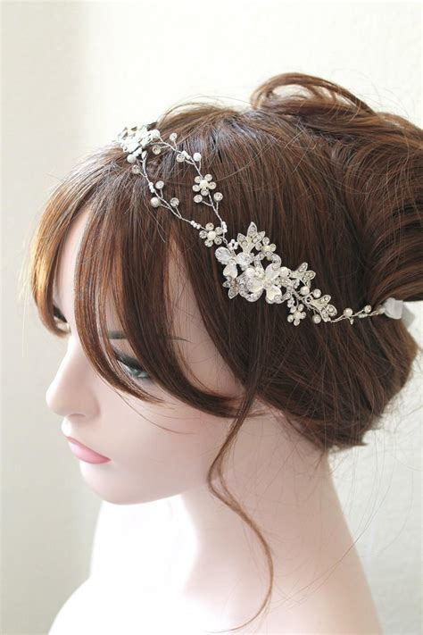 Silver Leaf Vine Bridal Headpiece Boho Delicate Crystal Pearl Wedding