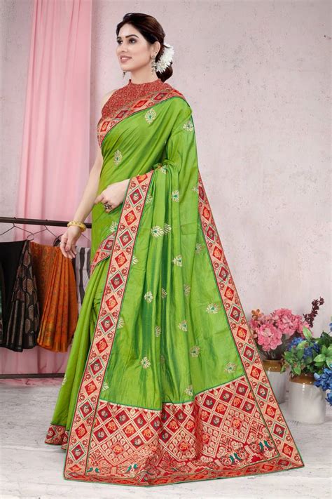 Parrot Green Silk Patola Parten Ethnic Motifs Stone Work Woven Zari Border Saree With