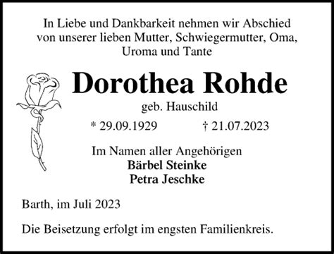 Traueranzeigen Von Dorothea Rohde Trauer Anzeigen De