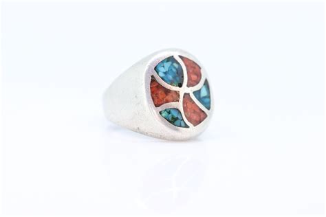 Heavy ZUNI Sterling Silver Signet Ring Navajo Turquo Gem