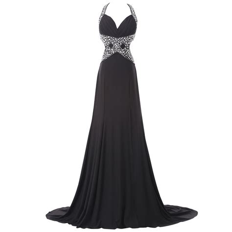 Long Evening Dress Sexy Design Backless Black Jersey Beading Gown