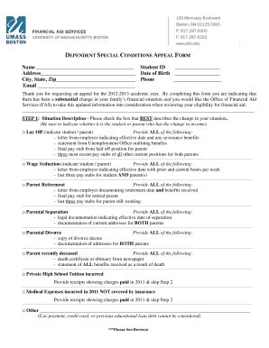 Fillable Online 2012 2013 Dependency Special Conditions Appeal Form Fax