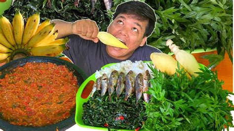 Mukbang Jantung Pisang Kenikir Oseng Daun Singkong Ikan Asin Sambal