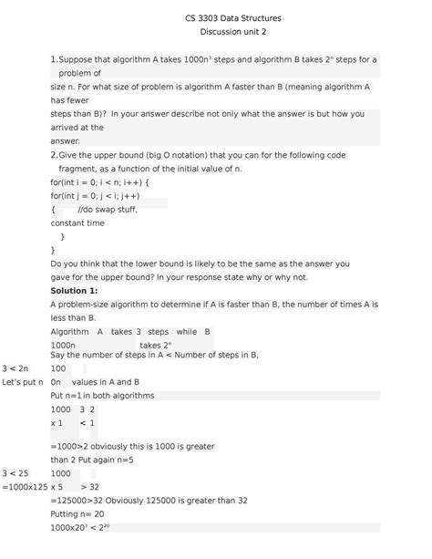 CS 3303 01 Data Structures Discussion Unit 2 For What Size Of Problem