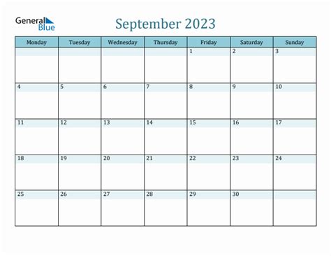 September 2023 Monthly Calendar Template Monday Start