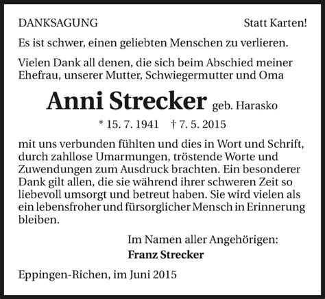 Traueranzeigen Von Anni Strecker Trauerundgedenken De