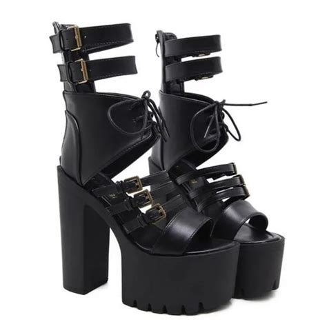 Pxelena Vintage Punk Rock Gothic Sandals Women Thick Platform Square