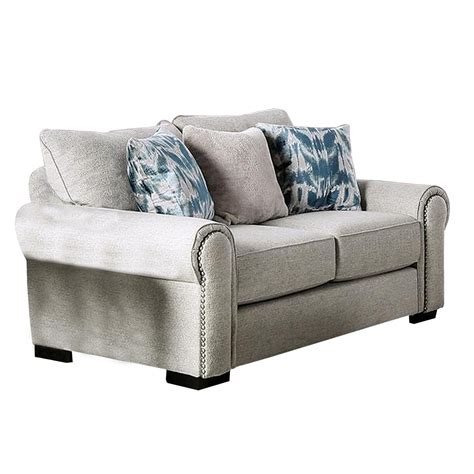 Benjara Beni Inch Loveseat Rolled Arms Pillows Nailhead Trim