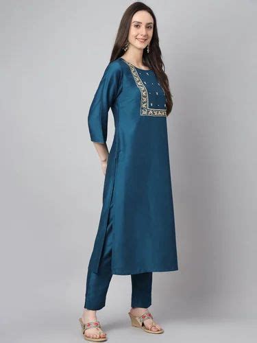 Janasya Women S Teal Chinon Solid Kurta With Pant And Dupatta At Rs