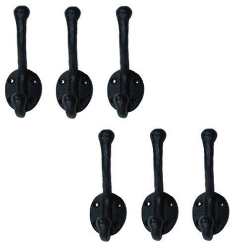 6 Wrought Iron Double Hook Black For Coats Towels Robes Traditional