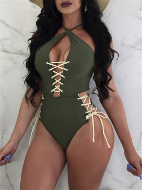 Lovely Trendy Bandage Hollow Out Design Green One Piece Swimsuit Sale