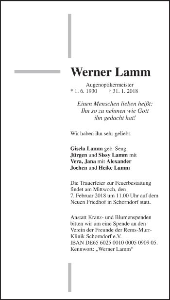 Traueranzeigen Von Werner Lamm Zvw Trauer