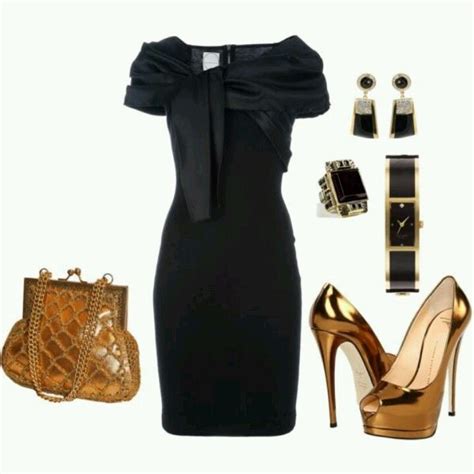 Nice Black Dress With Gold Shoe And Bag Fashion Nice Black Dress