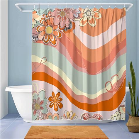 70s Groovy Retro Flower Power Boho Shower Curtain With Wide Wavy