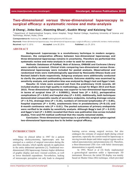 Pdf Two Dimensional Versus Three Dimensional Laparoscopy In Surgical