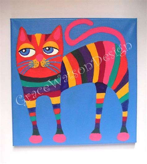 Stripey Cat Acrylic Painting Cat Wall Art Cat Art Etsy Cat Wall Art