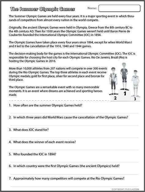 Olympics Reading Comprehension Worksheets