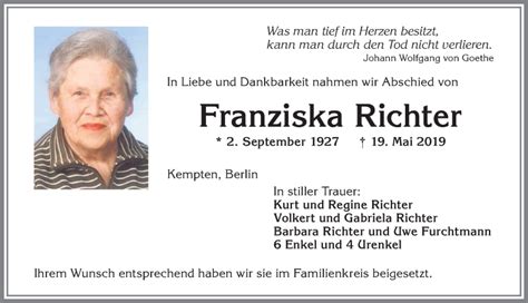 Traueranzeigen Von Franziska Richter Augsburger Allgemeine Zeitung