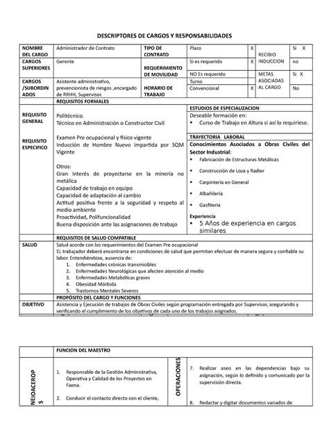 Descriptor De Cargo Administrador De Contrato Incomaq Descriptores De