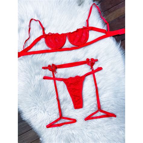 Kit Lingerie Conjunto Gringa Sutiã Com Aro Meia Taça Calcinha Regulável Cinta Liga Coxas E