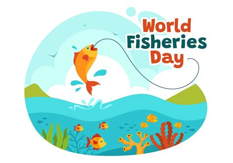 World Fisheries Day Vector Illustration Of Fisherman With Fishing Rod