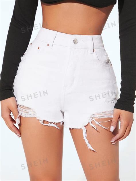 SHEIN PETITE Ripped Raw Hem Denim Shorts SHEIN USA