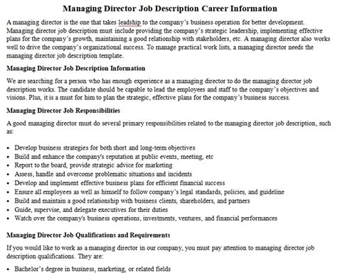 Managing Director Job Description Career Information | room surf.com