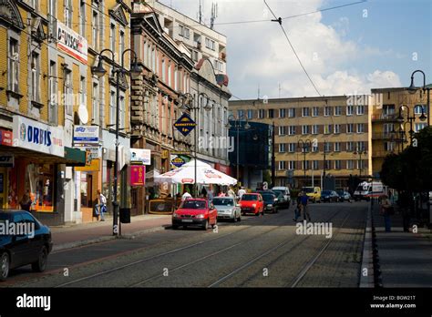 Polish main road / high street in the town of Zabrze, Silesia. Poland ...