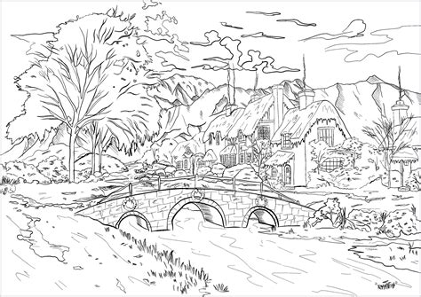 Village enneigé Coloriages de Paysages à imprimer pour adultes