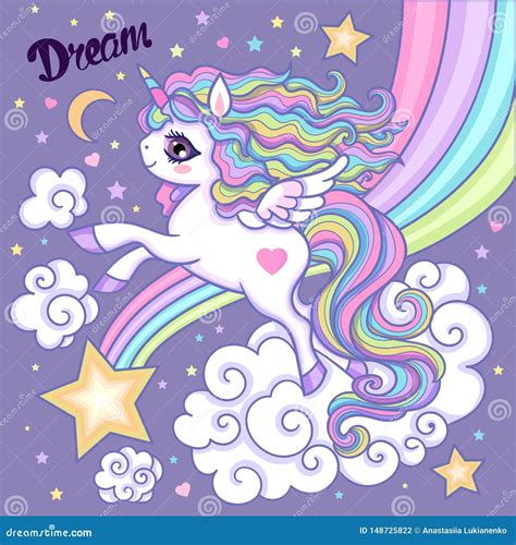 Cartoon Unicorn White Rainbow Unicorn With A Long Mane On A Lilac