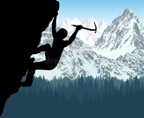 Vector Silhouette Of Man Climbing On Rock In Rocky Mountains Stock