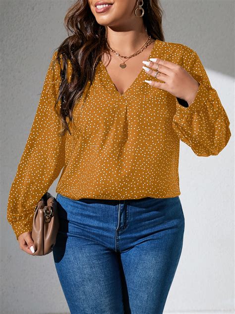 Shein Lune Plus Polka Dot Print Lantern Sleeve Blouse Shein Usa